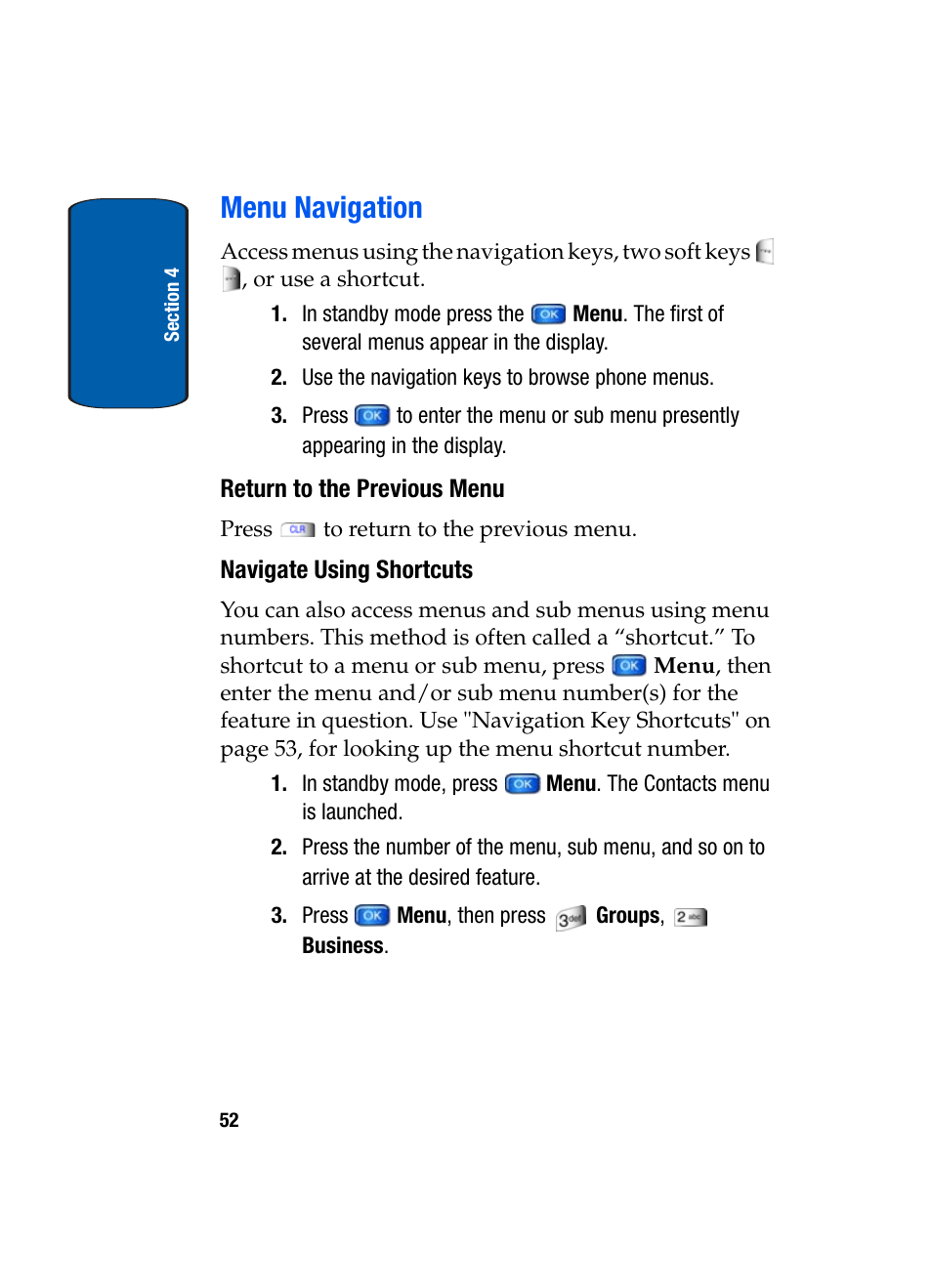 Menu navigation, Return to the previous menu, Navigate using shortcuts | Samsung SCH-A970ZSVXAR User Manual | Page 52 / 198