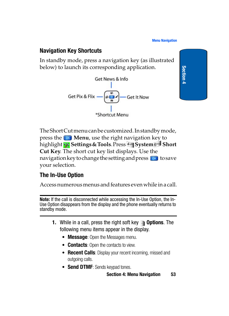 Navigation key shortcuts, The in-use option | Samsung SCH-A970ZSVXAR User Manual | Page 53 / 198