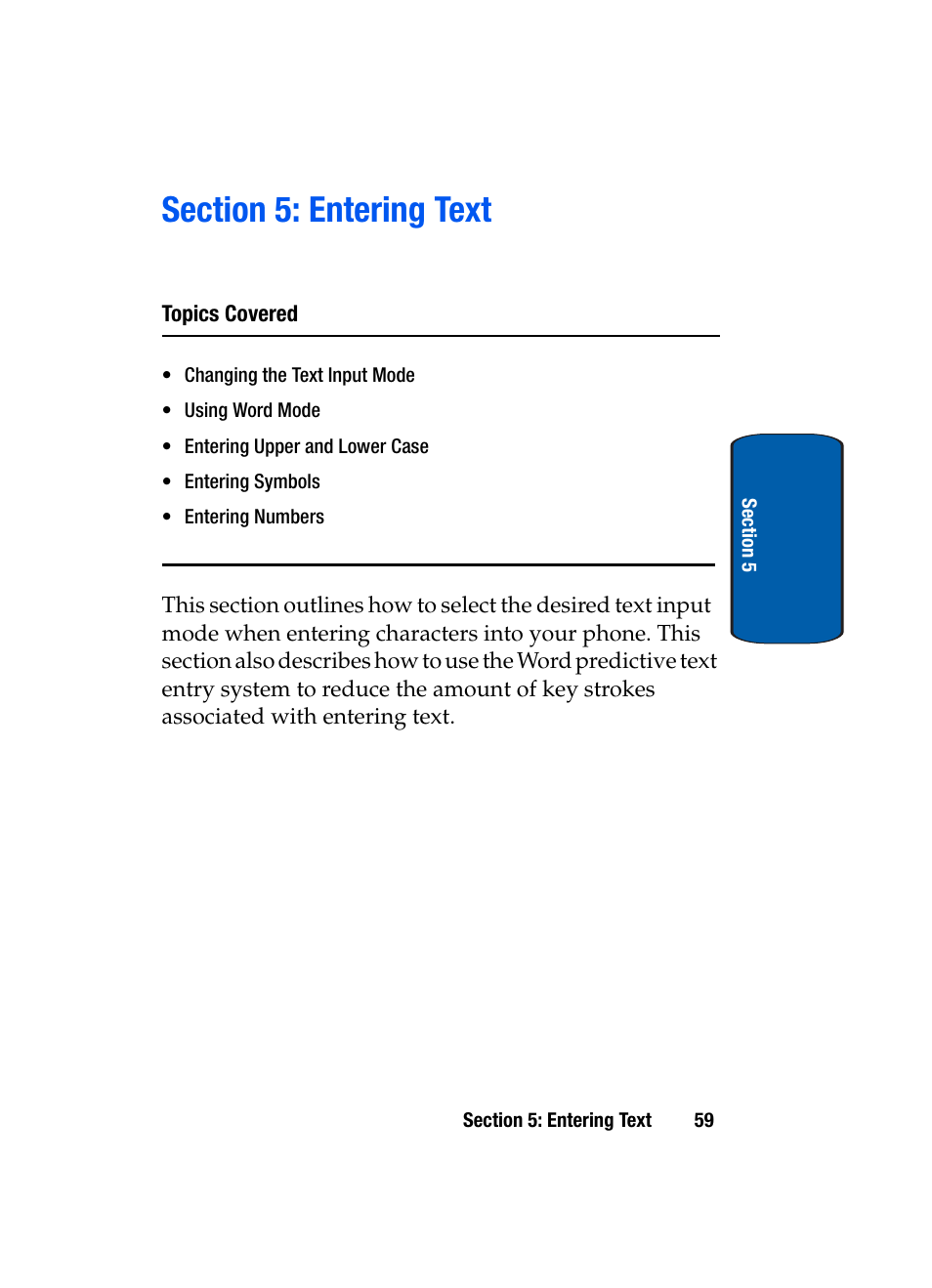 Section 5: entering text | Samsung SCH-A970ZSVXAR User Manual | Page 59 / 198