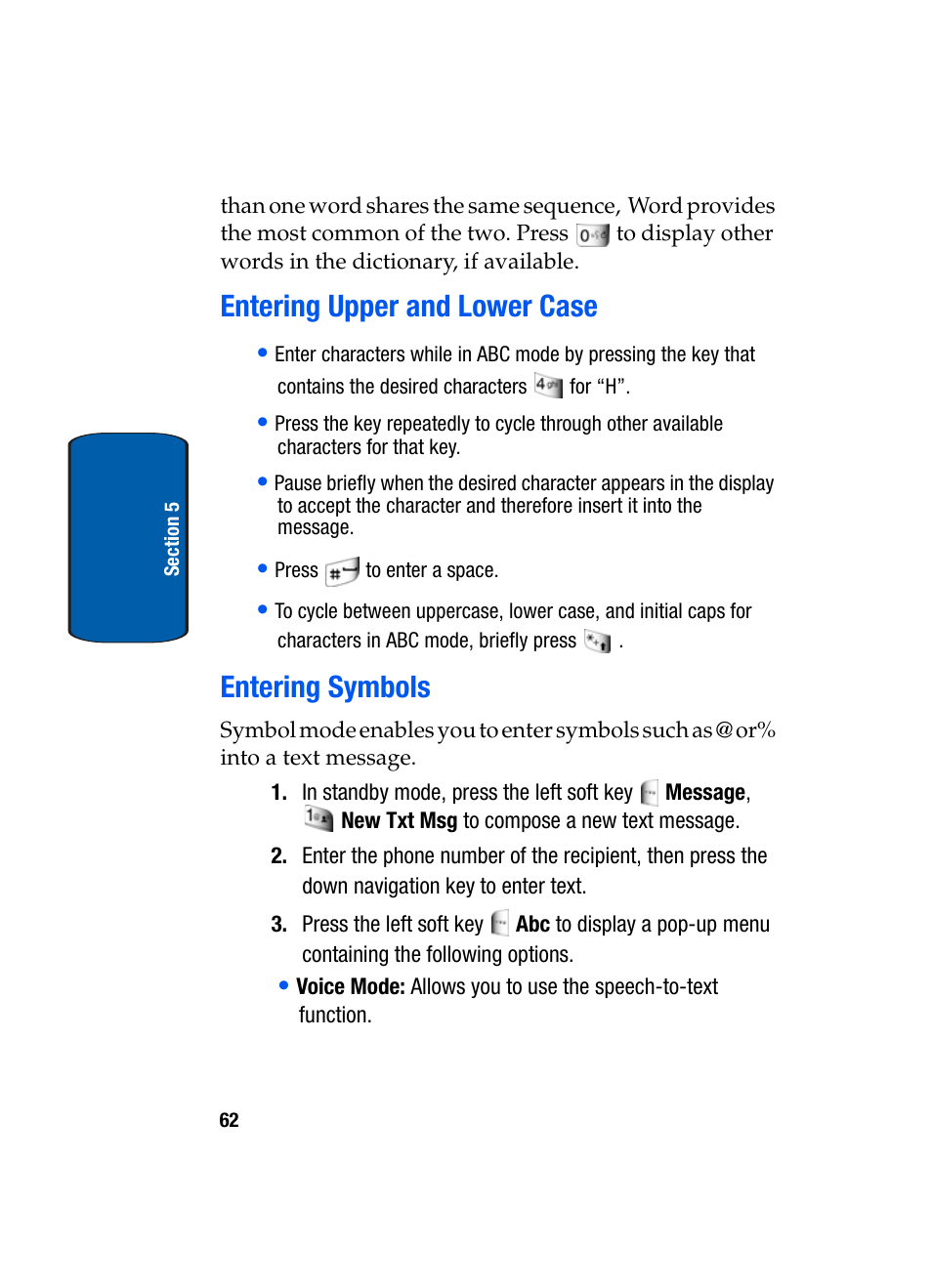 Entering upper and lower case, Entering symbols, Entering upper and lower case entering symbols | Samsung SCH-A970ZSVXAR User Manual | Page 62 / 198