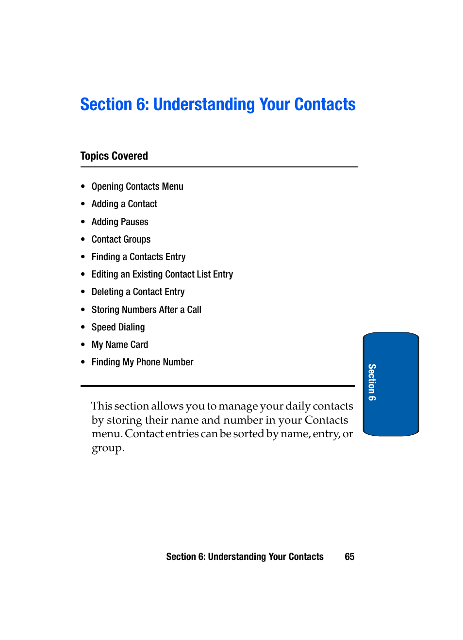 Section 6: understanding your contacts | Samsung SCH-A970ZSVXAR User Manual | Page 65 / 198