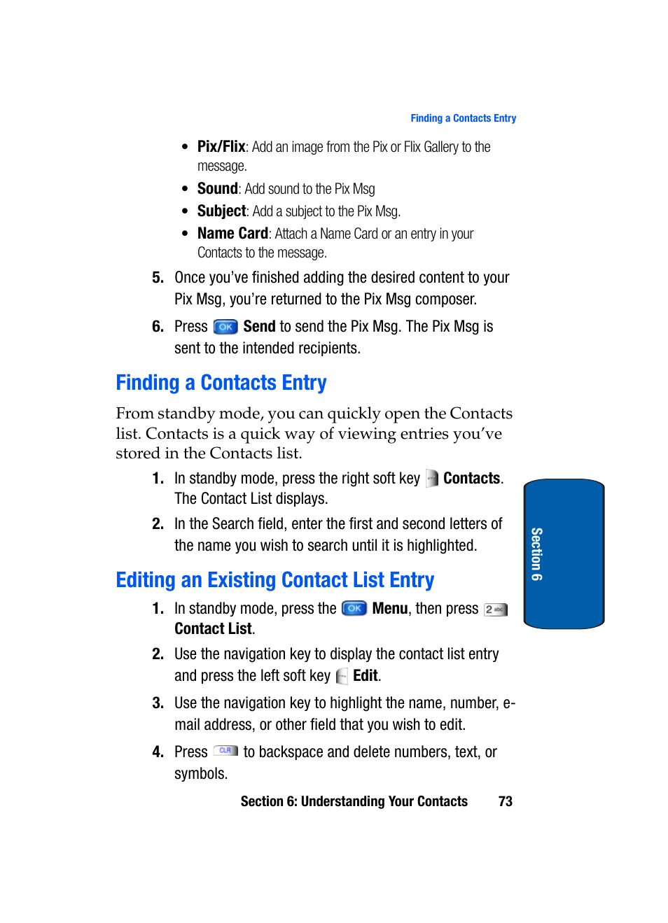 Finding a contacts entry, Editing an existing contact list entry | Samsung SCH-A970ZSVXAR User Manual | Page 73 / 198