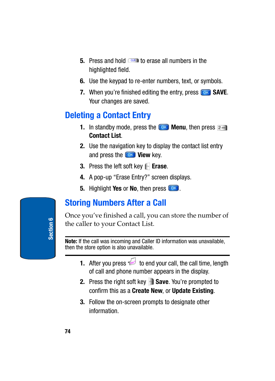 Deleting a contact entry, Storing numbers after a call | Samsung SCH-A970ZSVXAR User Manual | Page 74 / 198