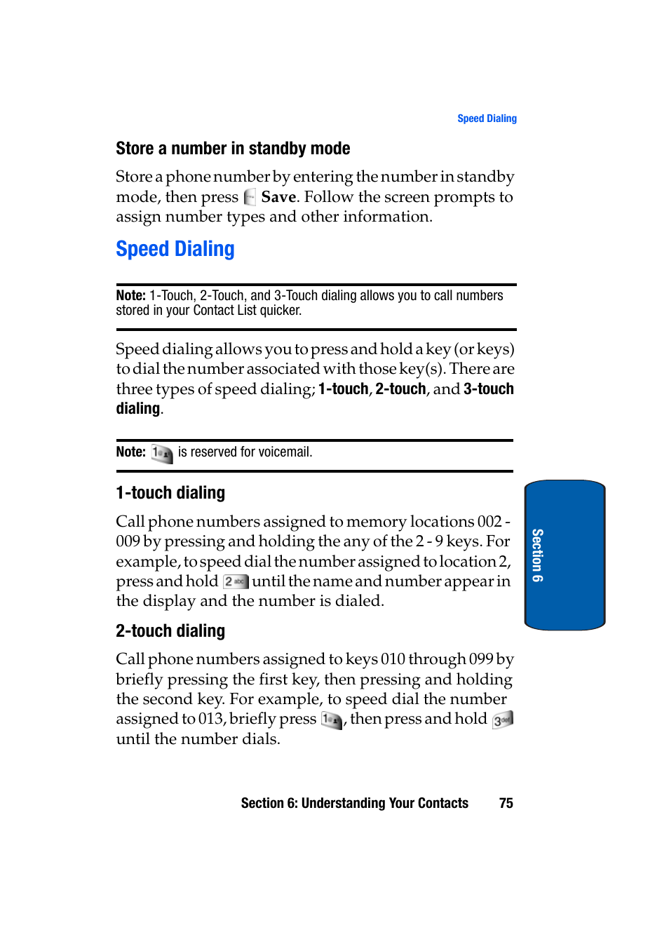 Store a number in standby mode, Speed dialing, Touch dialing | Samsung SCH-A970ZSVXAR User Manual | Page 75 / 198