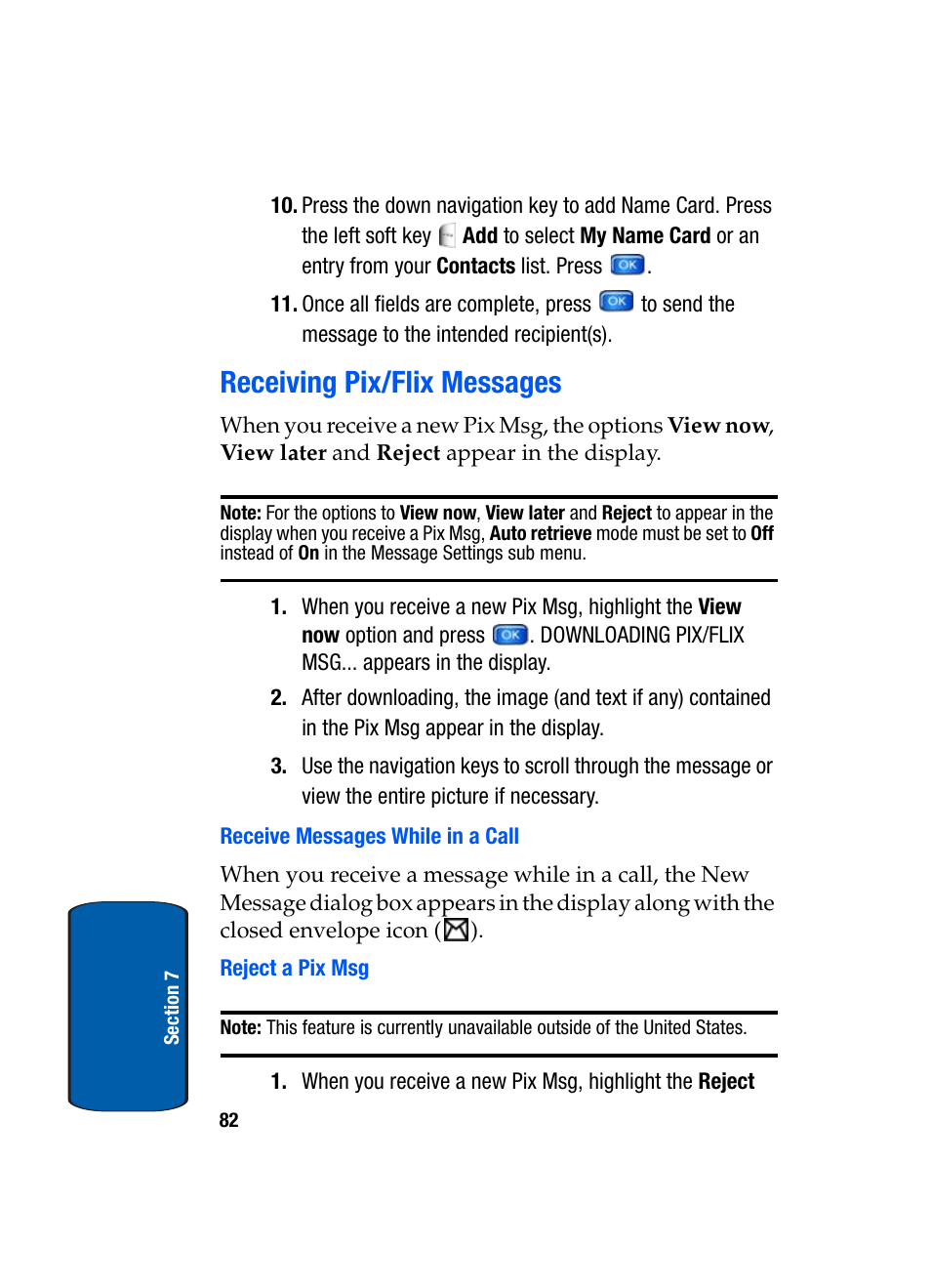 Receiving pix/flix messages, Receive messages while in a call, Reject a pix msg | Samsung SCH-A970ZSVXAR User Manual | Page 82 / 198