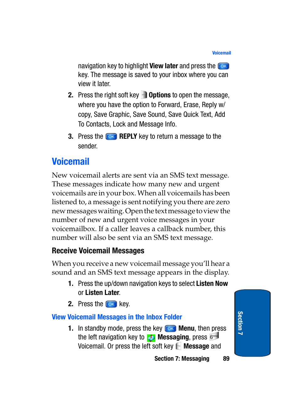 Voicemail, Receive voicemail messages, View voicemail messages in the inbox folder | Samsung SCH-A970ZSVXAR User Manual | Page 89 / 198