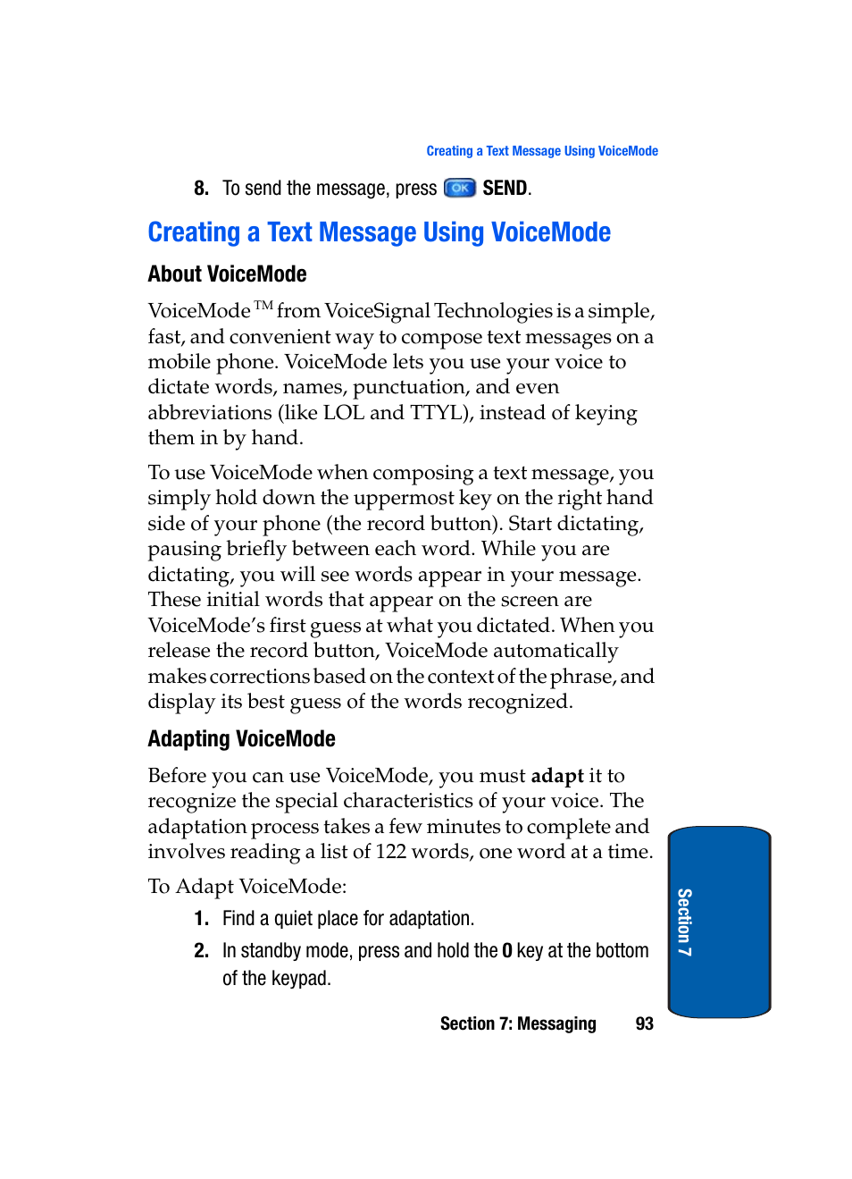 Creating a text message using voicemode, About voicemode, Adapting voicemode | Samsung SCH-A970ZSVXAR User Manual | Page 93 / 198