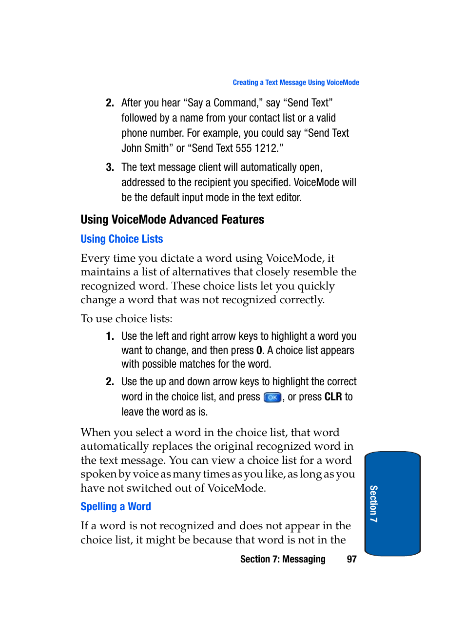 Using voicemode advanced features, Using choice lists, Spelling a word | Samsung SCH-A970ZSVXAR User Manual | Page 97 / 198