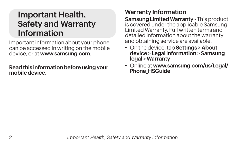 Important health, safety and warranty information | Samsung SM-G860PZBASPR User Manual | Page 2 / 56