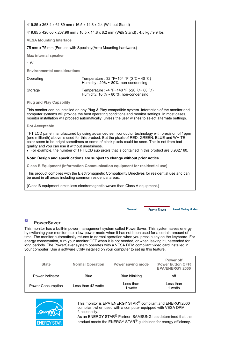 Preset timing modes | Samsung LS19WJBKBM-XAA User Manual | Page 42 / 48