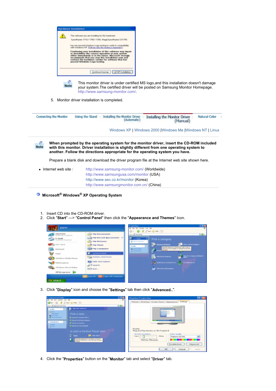 Installing the monitor driver(manual) | Samsung MH17WSSS User Manual | Page 22 / 56