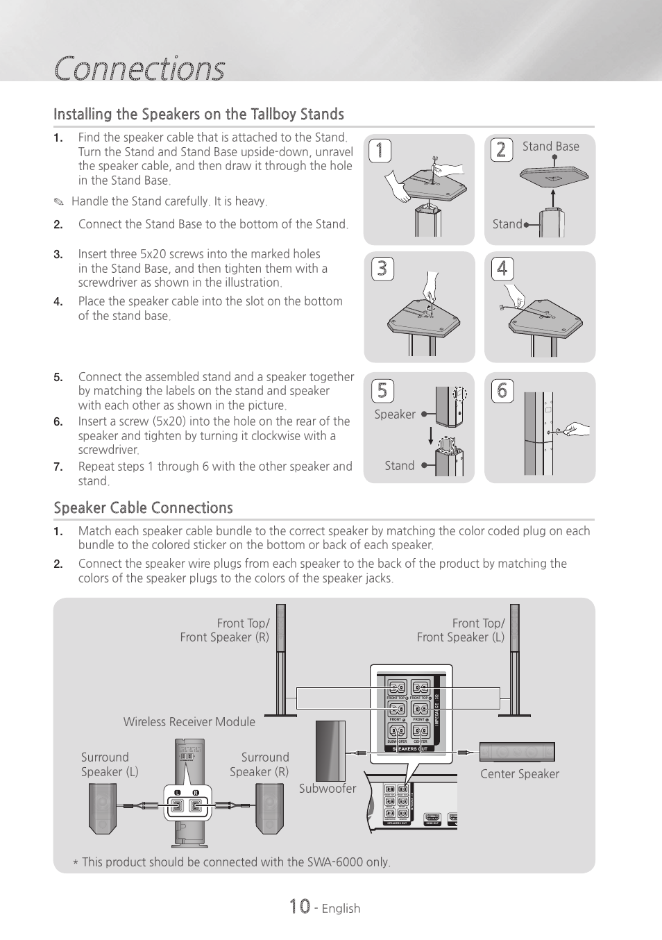 Connections, Installing the speakers on the tallboy stands, Speaker cable connections | English, Speaker stand stand base stand | Samsung HT-H7730WM-ZA User Manual | Page 10 / 63