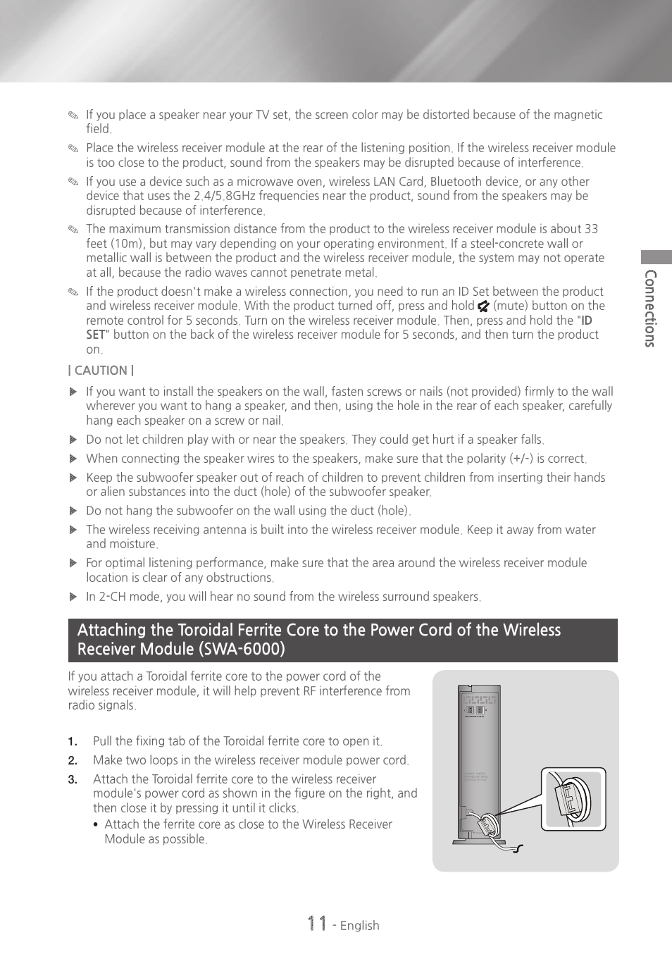 11 attaching the toroidal ferrite core to the | Samsung HT-H7730WM-ZA User Manual | Page 11 / 63