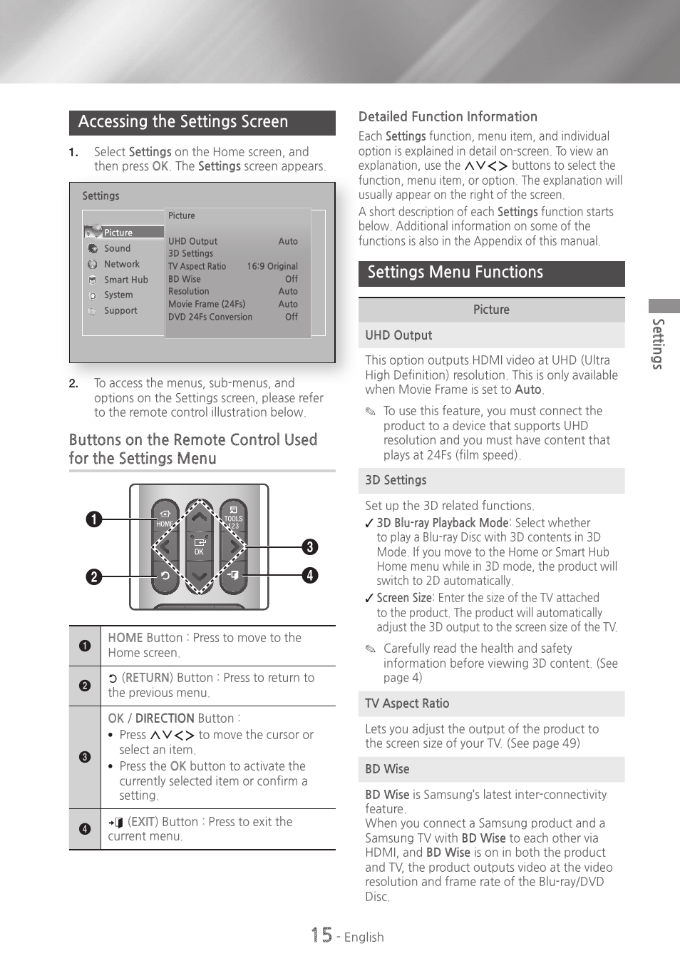 Accessing the settings screen, Settings menu functions | Samsung HT-H7730WM-ZA User Manual | Page 15 / 63