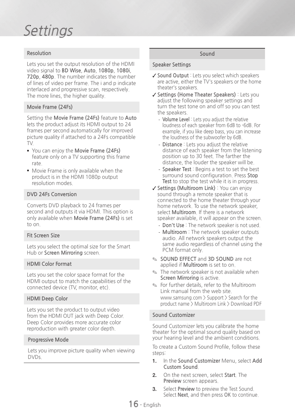 Settings | Samsung HT-H7730WM-ZA User Manual | Page 16 / 63