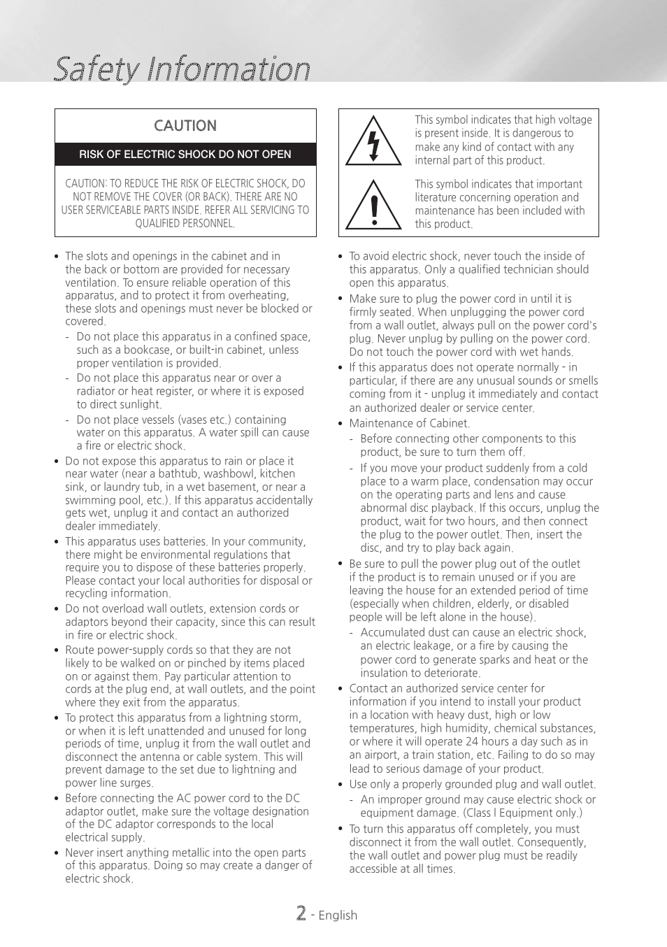 Safety information, Caution | Samsung HT-H7730WM-ZA User Manual | Page 2 / 63