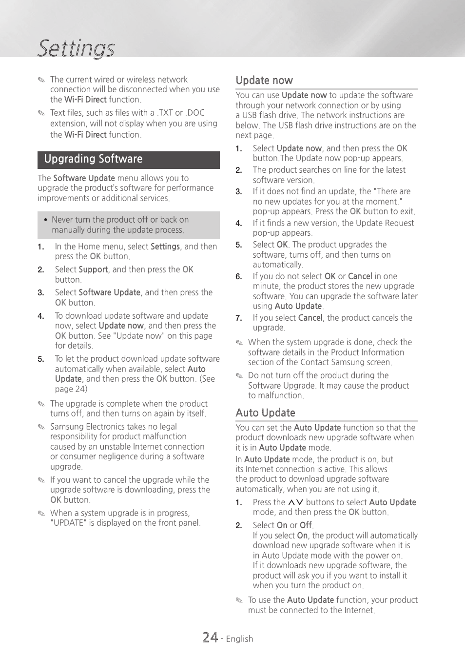 Upgrading software, 24 upgrading software, Settings | Samsung HT-H7730WM-ZA User Manual | Page 24 / 63