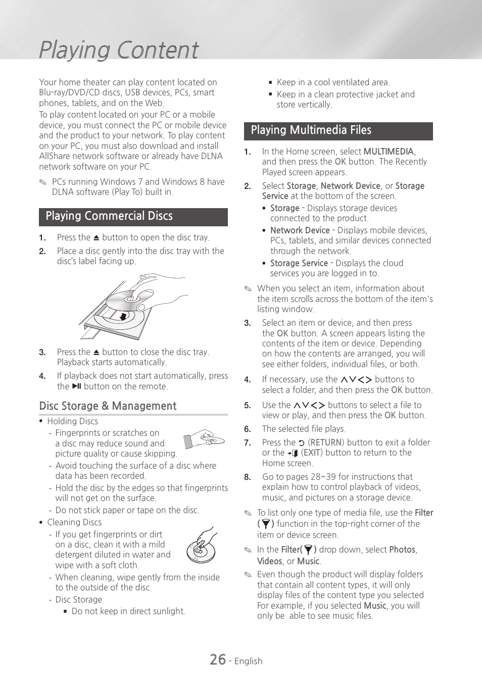 Playing content, Playing commercial discs, Playing multimedia files | Samsung HT-H7730WM-ZA User Manual | Page 26 / 63