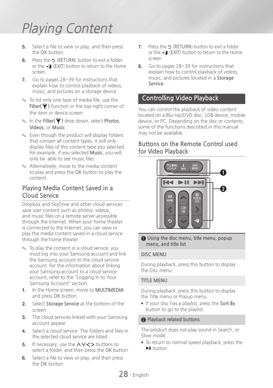 Controlling video playback, 28 controlling video playback, Playing content | Samsung HT-H7730WM-ZA User Manual | Page 28 / 63