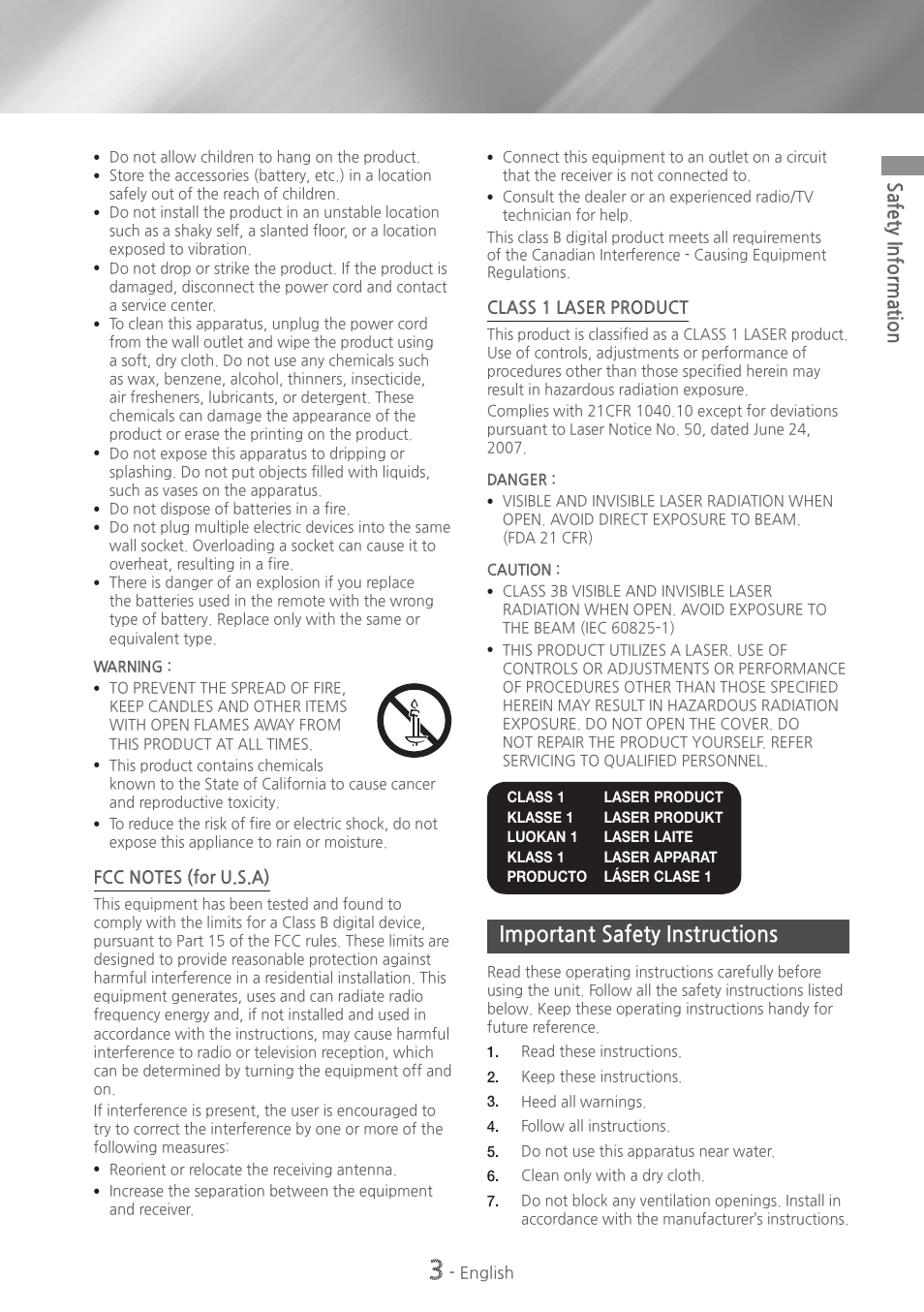 Important safety instructions, Safety information | Samsung HT-H7730WM-ZA User Manual | Page 3 / 63