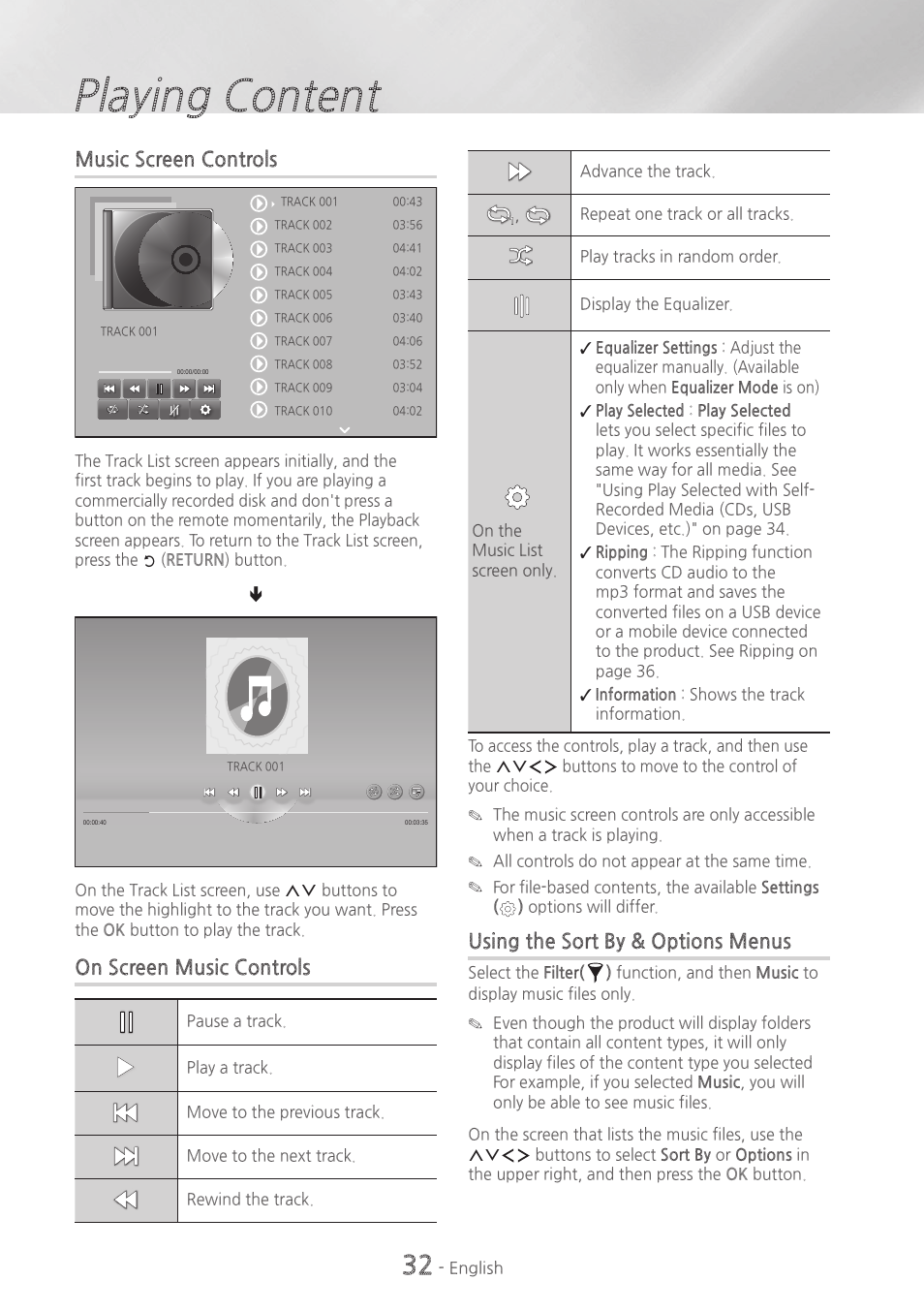 Playing content, Music screen controls, On screen music controls | Using the sort by & options menus | Samsung HT-H7730WM-ZA User Manual | Page 32 / 63