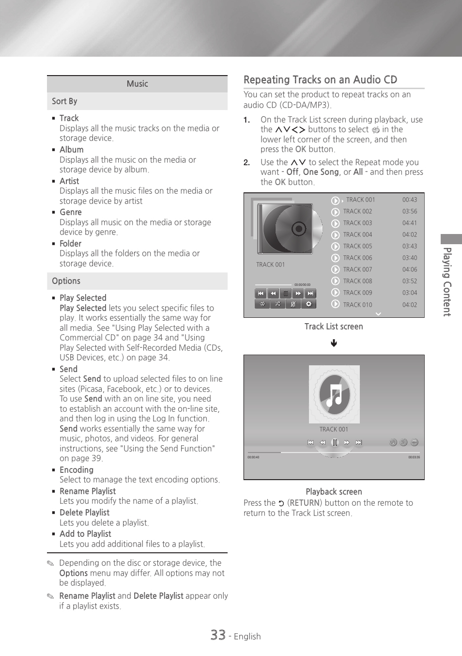 Repeating tracks on an audio cd, Playing content | Samsung HT-H7730WM-ZA User Manual | Page 33 / 63