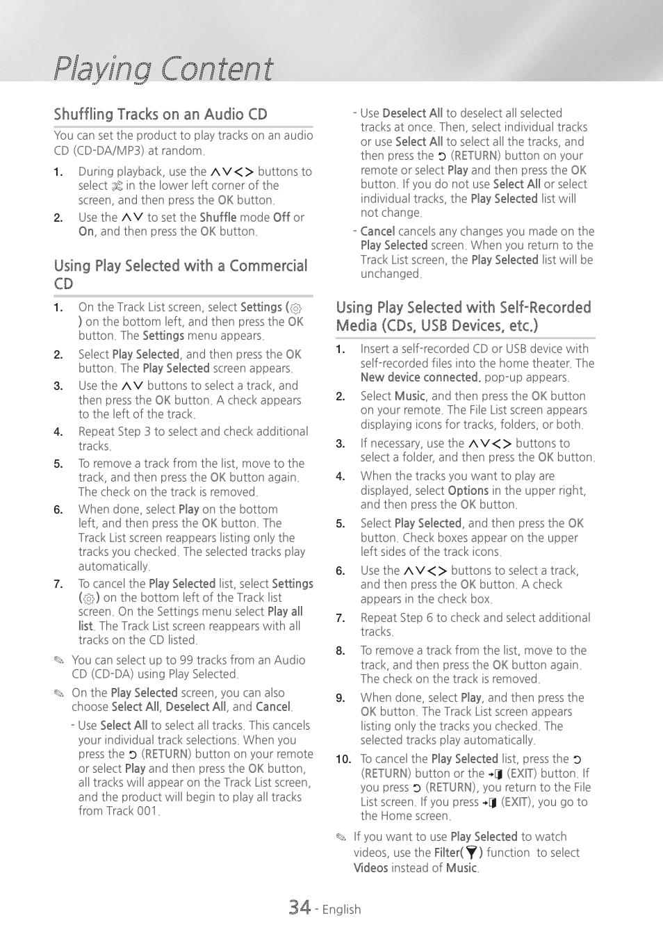 Playing content, Shuffling tracks on an audio cd, Using play selected with a commercial cd | Samsung HT-H7730WM-ZA User Manual | Page 34 / 63