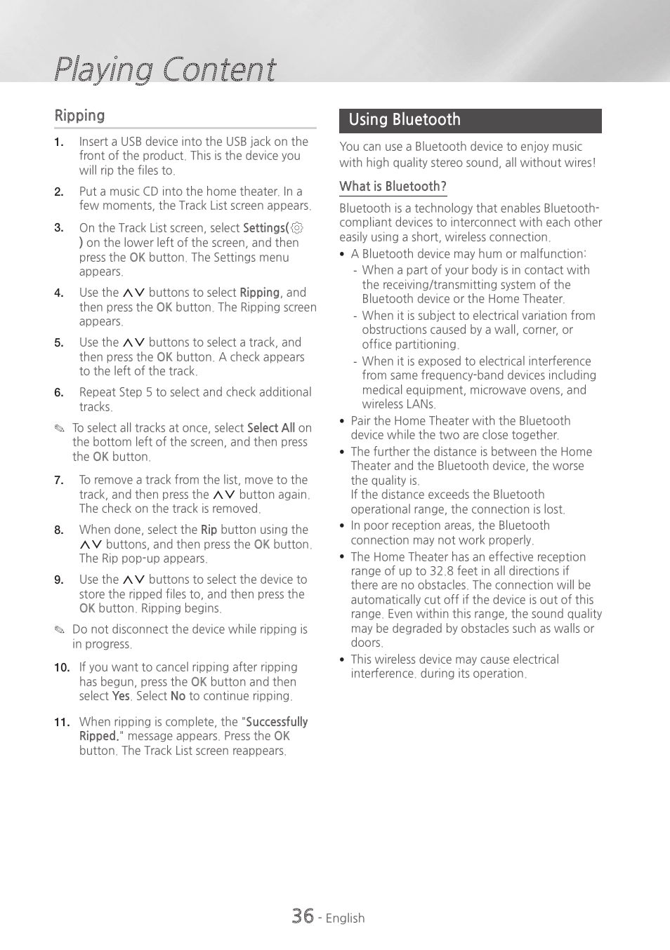 Using bluetooth, 36 using bluetooth, Playing content | Samsung HT-H7730WM-ZA User Manual | Page 36 / 63