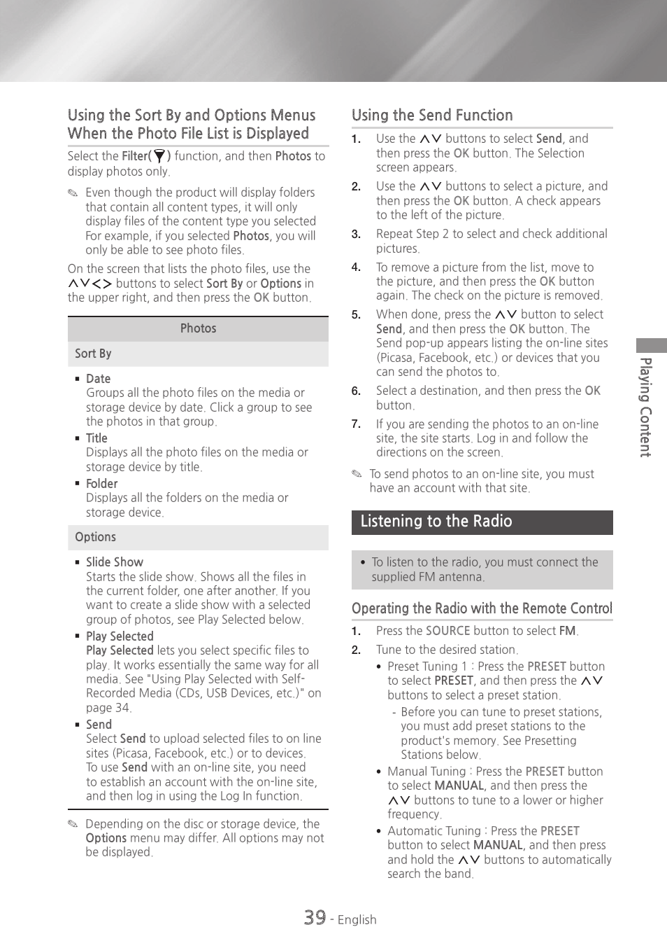 Listening to the radio, 39 listening to the radio | Samsung HT-H7730WM-ZA User Manual | Page 39 / 63