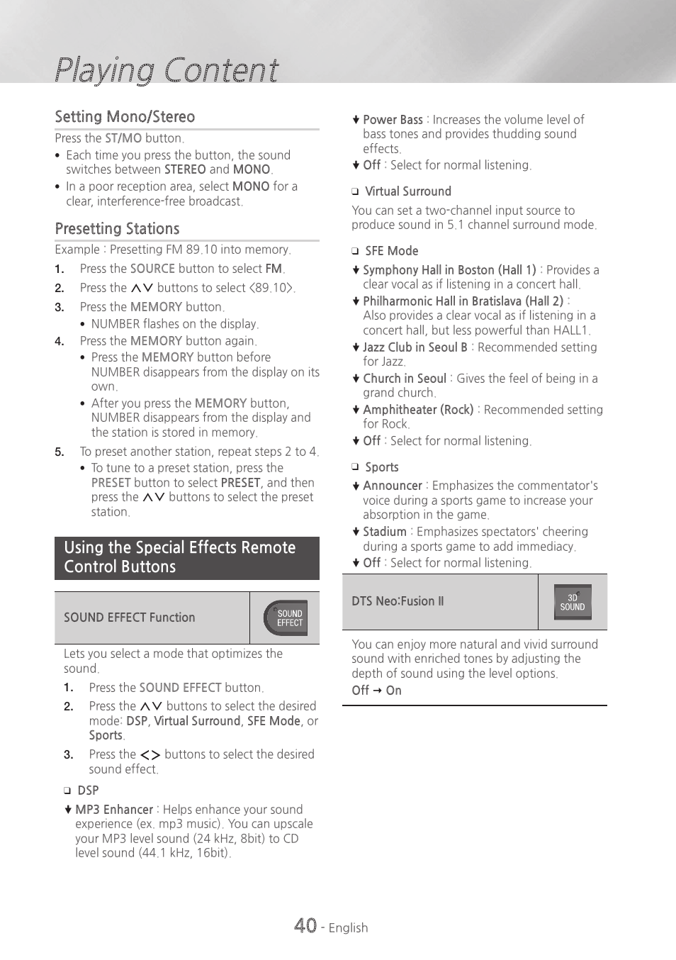 Using the special effects remote control buttons, 40 using the special effects remote control, Buttons | Playing content, Setting mono/stereo, Presetting stations | Samsung HT-H7730WM-ZA User Manual | Page 40 / 63