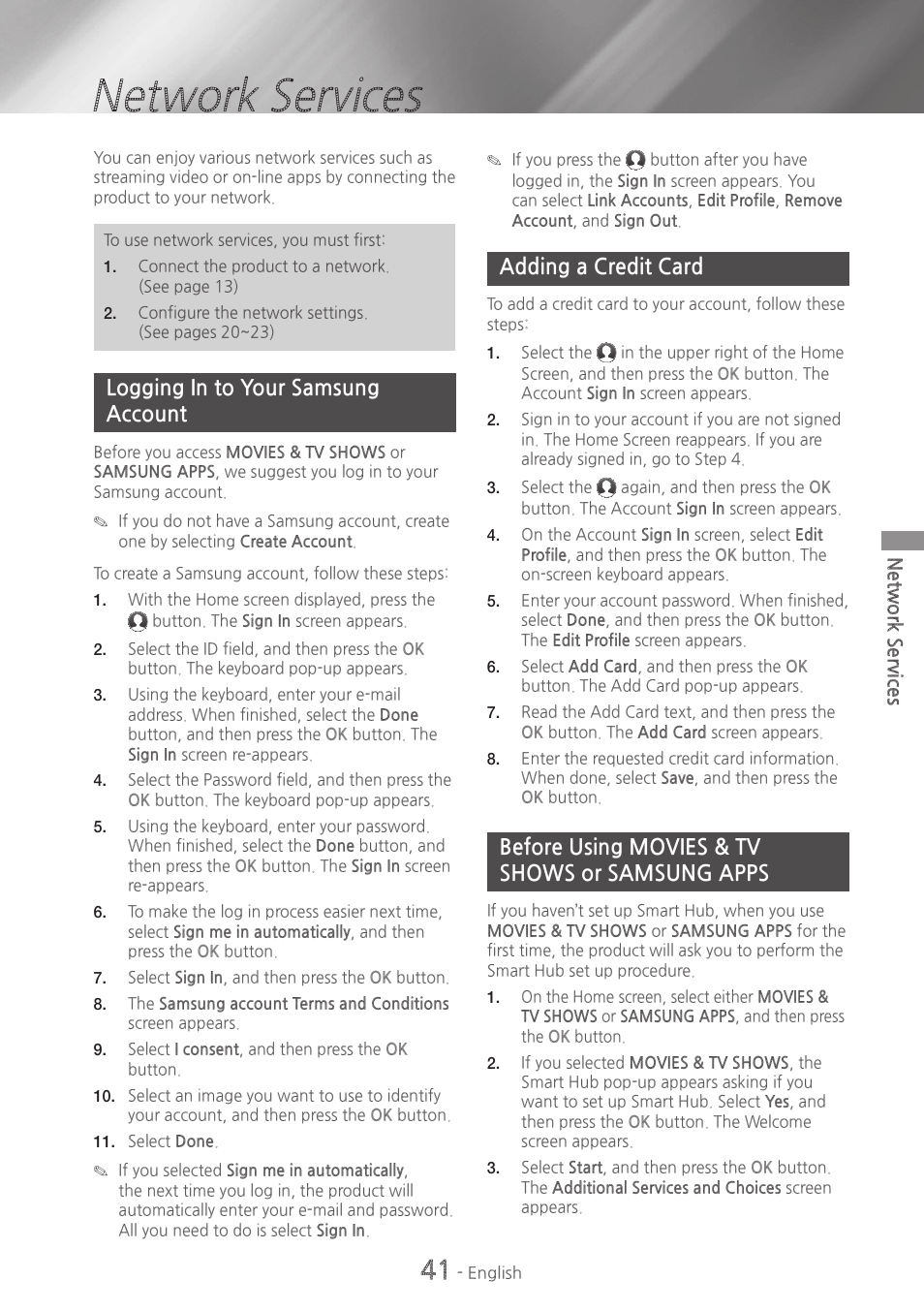 Network services, Logging in to your samsung account, Adding a credit card | Before using movies & tv shows or samsung apps, Samsung apps | Samsung HT-H7730WM-ZA User Manual | Page 41 / 63