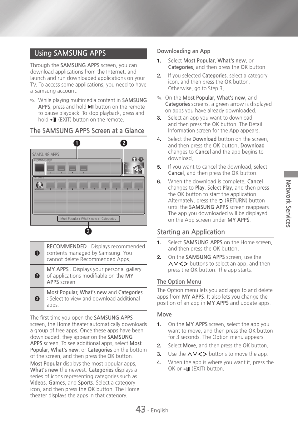Using samsung apps, 43 using samsung apps, The samsung apps screen at a glance | Starting an application, Network services | Samsung HT-H7730WM-ZA User Manual | Page 43 / 63