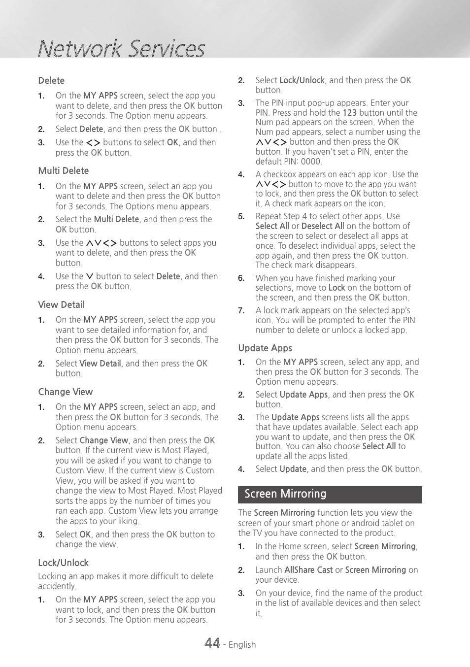 Screen mirroring, 44 screen mirroring, Network services | Samsung HT-H7730WM-ZA User Manual | Page 44 / 63