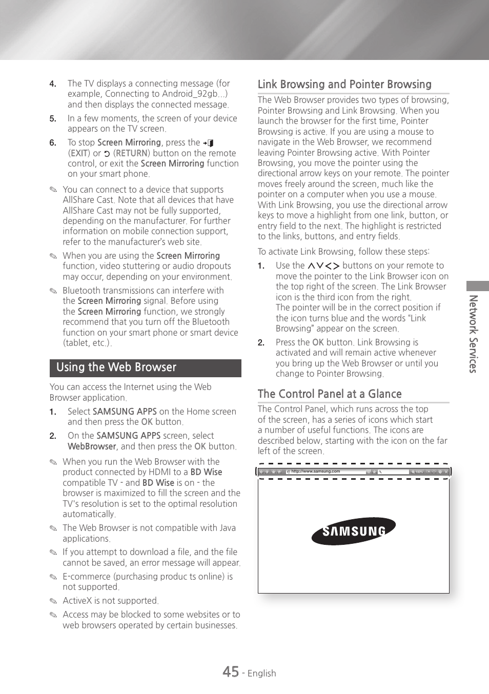 Using the web browser, 45 using the web browser, Link browsing and pointer browsing | The control panel at a glance | Samsung HT-H7730WM-ZA User Manual | Page 45 / 63