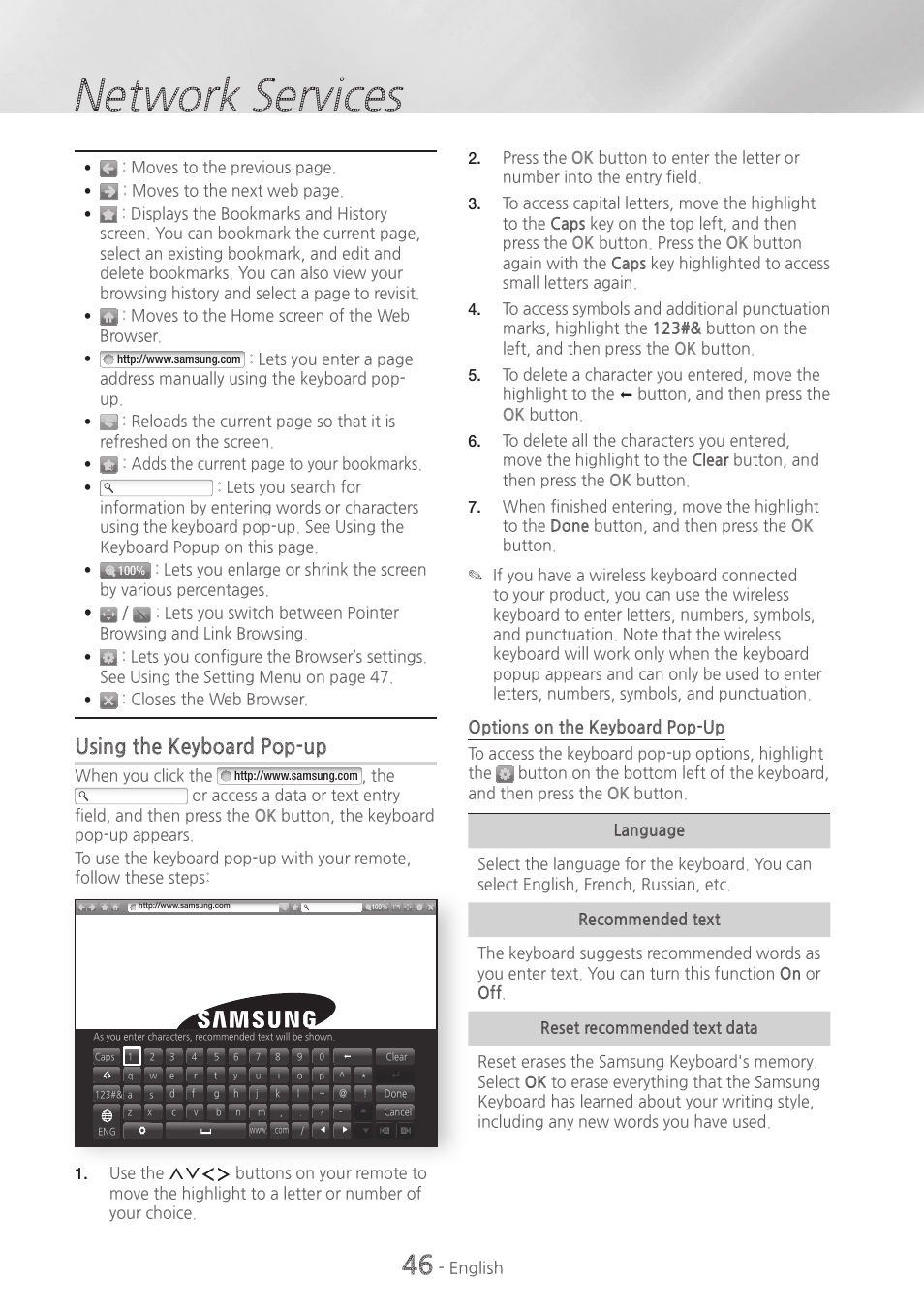 Network services, Using the keyboard pop-up, Options on the keyboard pop-up | Samsung HT-H7730WM-ZA User Manual | Page 46 / 63