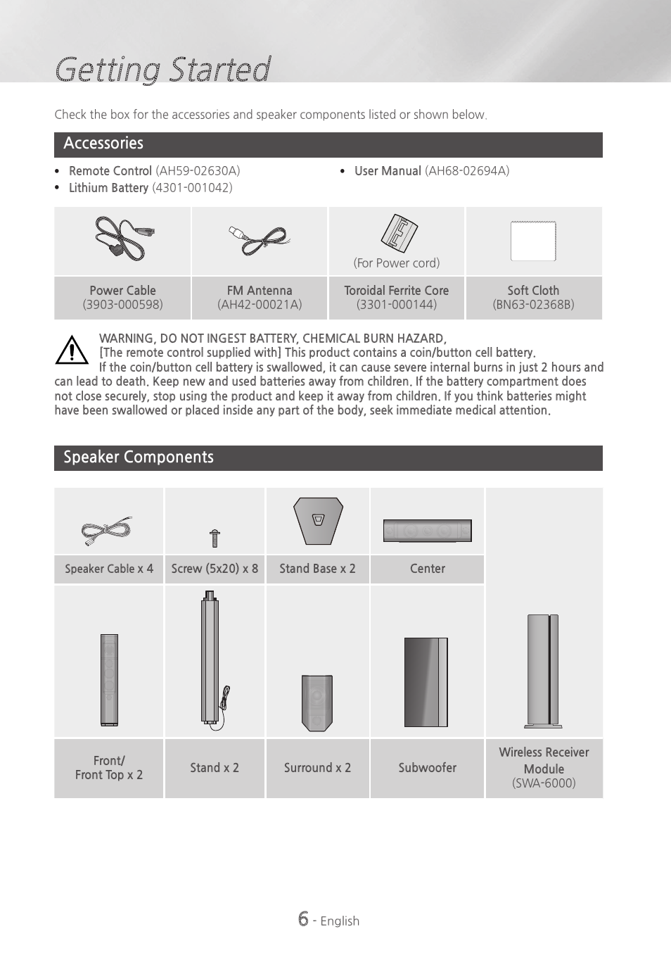 Getting started, Accessories, Speaker components | 6 accessories 6 speaker components | Samsung HT-H7730WM-ZA User Manual | Page 6 / 63