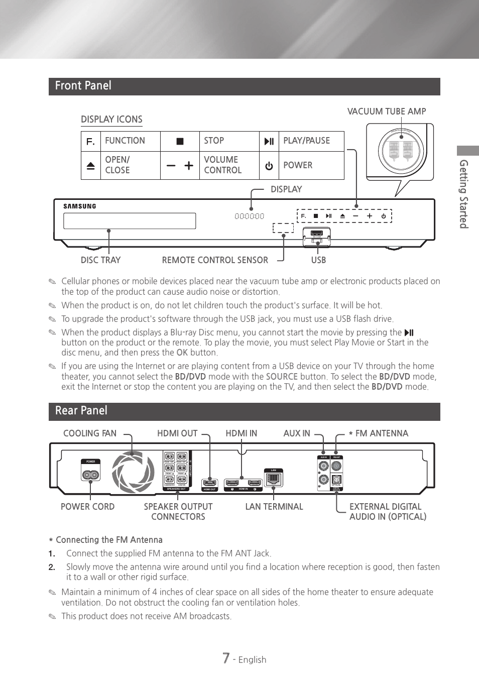 Front panel, Rear panel, 7 front panel 7 rear panel | Getting started, Display icons, English, Function, Stop, Play/pause, Open/ close | Samsung HT-H7730WM-ZA User Manual | Page 7 / 63