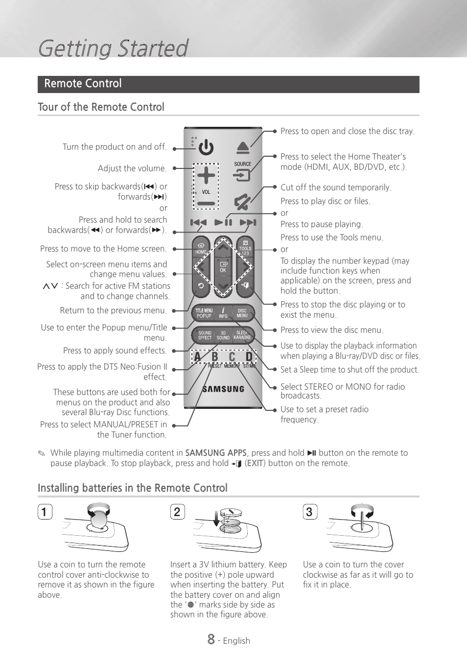 Remote control, 8 remote control, Getting started | Samsung HT-H7730WM-ZA User Manual | Page 8 / 63