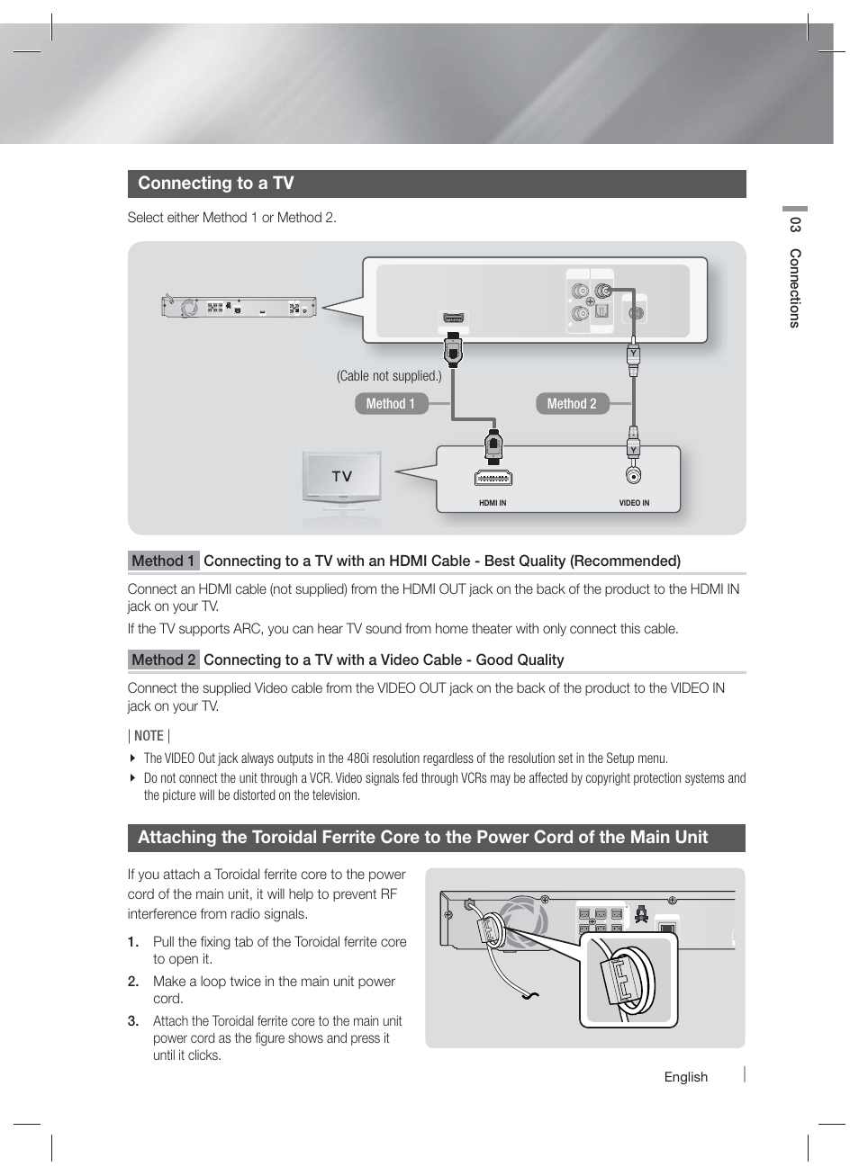 Connecting to a tv, 03 connections, Select either method 1 or method 2 | Method 1 method 2 (cable not supplied.), English | Samsung HT-E3500-ZA User Manual | Page 15 / 47