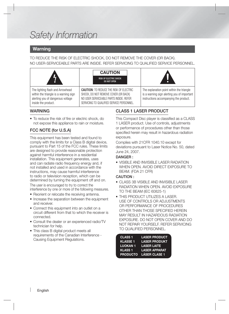 Safety information, Warning | Samsung HT-E3500-ZA User Manual | Page 2 / 47