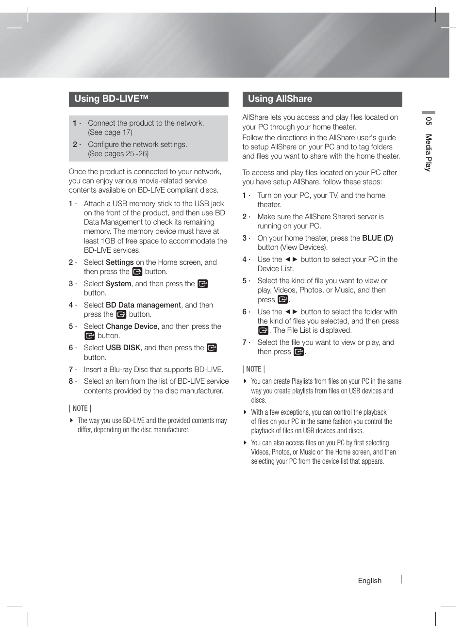 Using bd-live, Using allshare | Samsung HT-E3500-ZA User Manual | Page 35 / 47