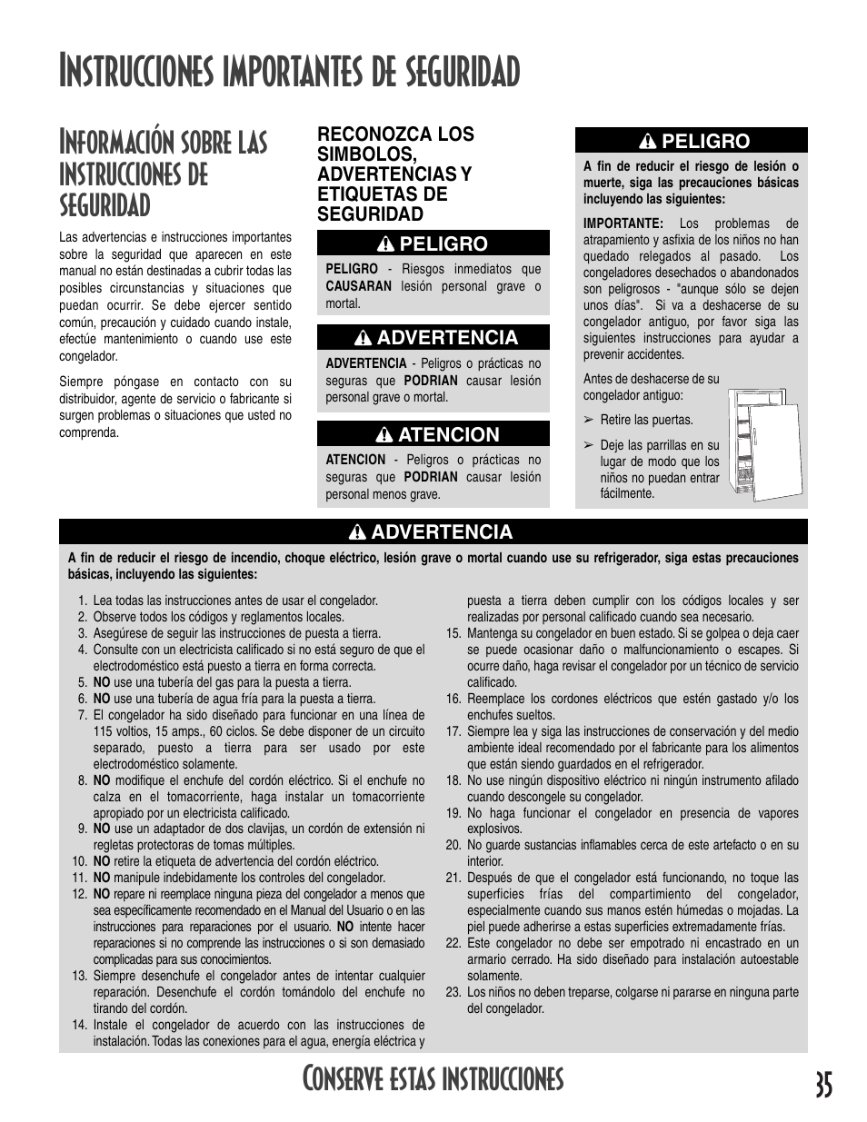 Instrucciones importantes de seguridad, Información sobre las instrucciones de seguridad, Conserve estas instrucciones | Peligro, Advertencia, Atencion | Amana 1-82034-002 User Manual | Page 35 / 48