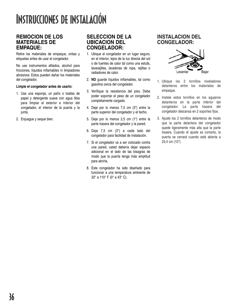 Instrucciones de instalación, Instalacion del congelador, Remocion de los materiales de empaque | Seleccion de la ubicacion del congelador | Amana 1-82034-002 User Manual | Page 36 / 48