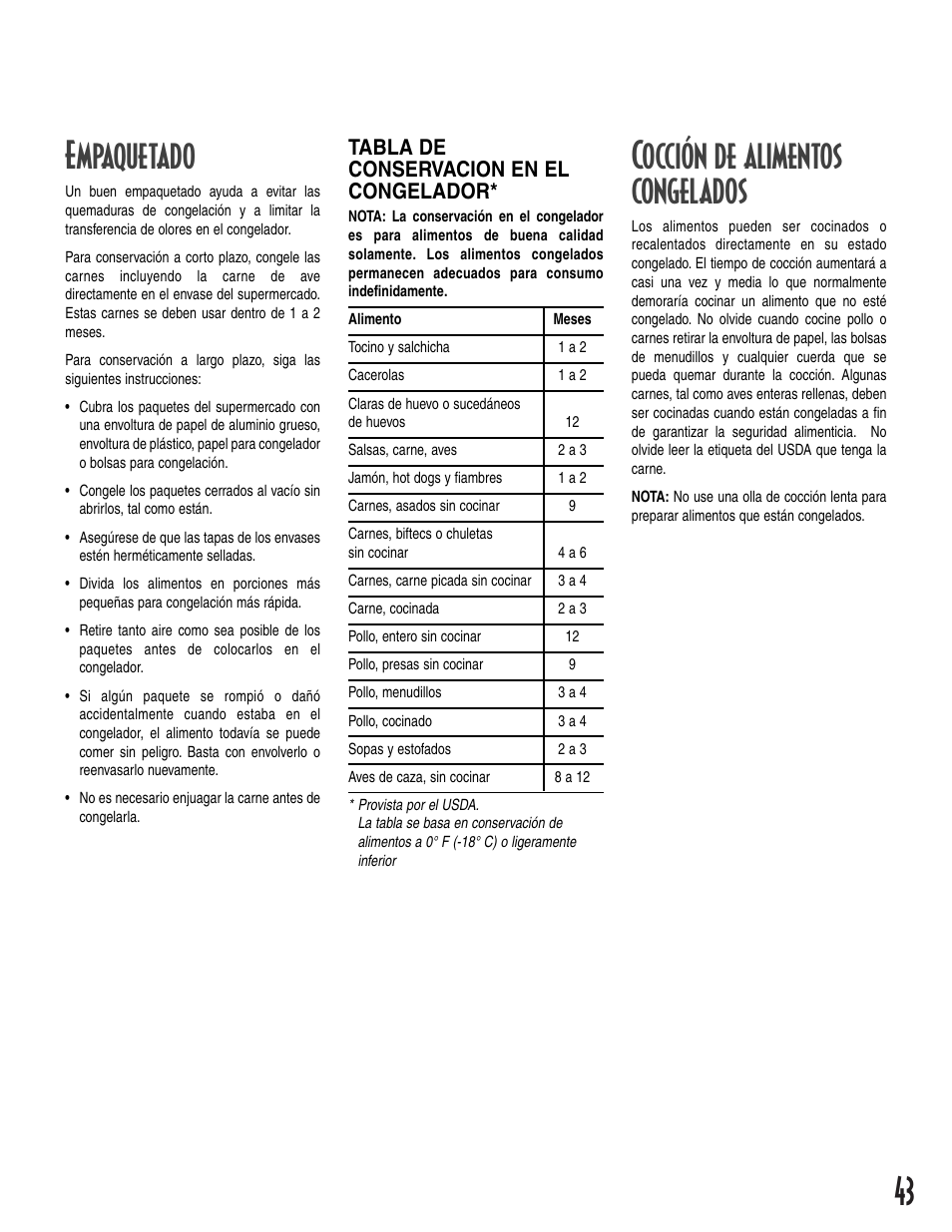 43 empaquetado, Cocción de alimentos congelados, Tabla de conservacion en el congelador | Amana 1-82034-002 User Manual | Page 43 / 48