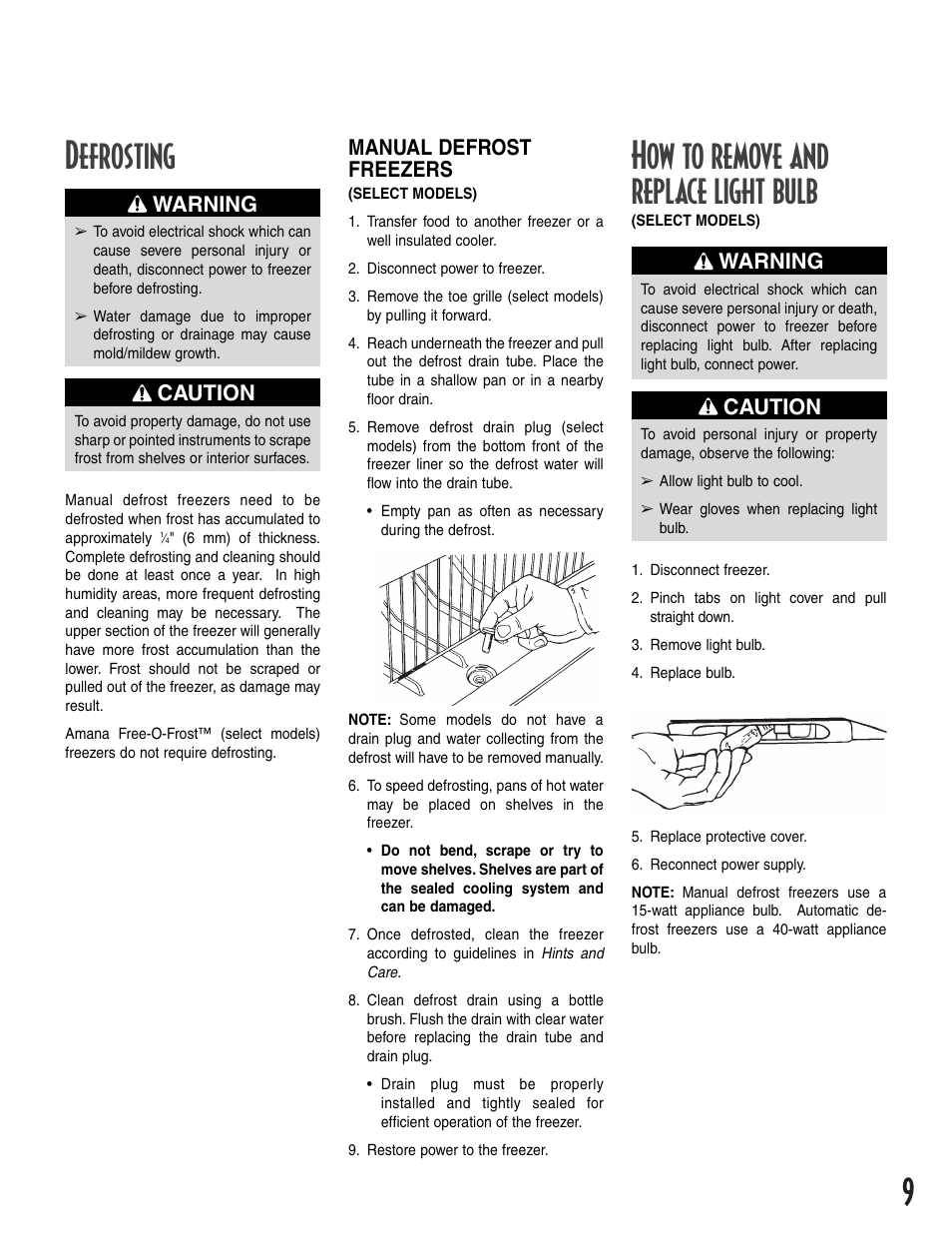How to remove and replace light bulb, Defrosting, Caution | Warning, Manual defrost freezers | Amana 1-82034-002 User Manual | Page 9 / 48