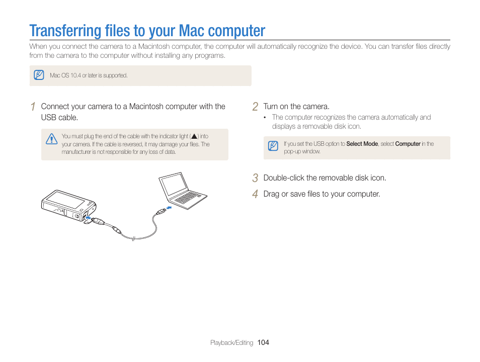 Transferring files to your mac computer, Transferring ﬁles to your mac computer, Transferring ﬁles to your mac | Computer | Samsung EC-SH100ZBPBUS User Manual | Page 105 / 165