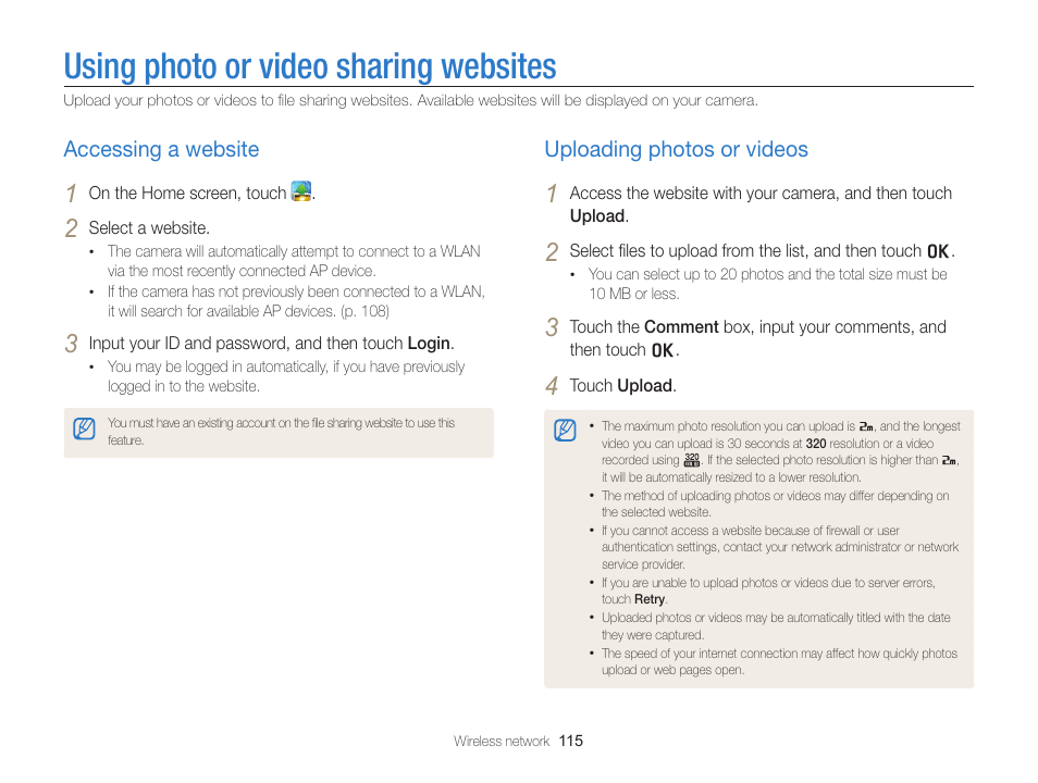 Using photo or video sharing websites, Accessing a website, Uploading photos or videos | Accessing a website …………………… 115, Uploading photos or videos …………… 115 | Samsung EC-SH100ZBPBUS User Manual | Page 116 / 165