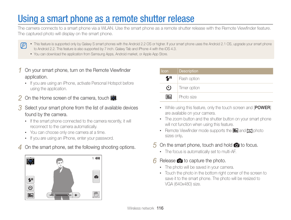 Using a smart phone as a remote shutter release, Using a smart phone as a remote shutter, Release | Samsung EC-SH100ZBPBUS User Manual | Page 117 / 165