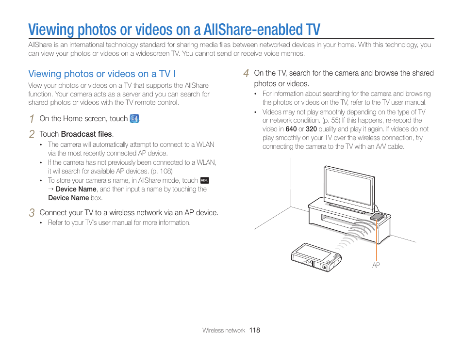 Viewing photos or videos on a allshare-enabled tv, Viewing photos or videos on a tv i, Viewing photos or videos on a allshare- enabled tv | Viewing photos or videos on a allshare, Enabled tv, Viewing photos or videos on a tv i …… 118 | Samsung EC-SH100ZBPBUS User Manual | Page 119 / 165