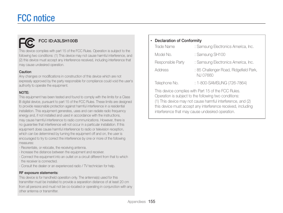 Fcc notice | Samsung EC-SH100ZBPBUS User Manual | Page 156 / 165